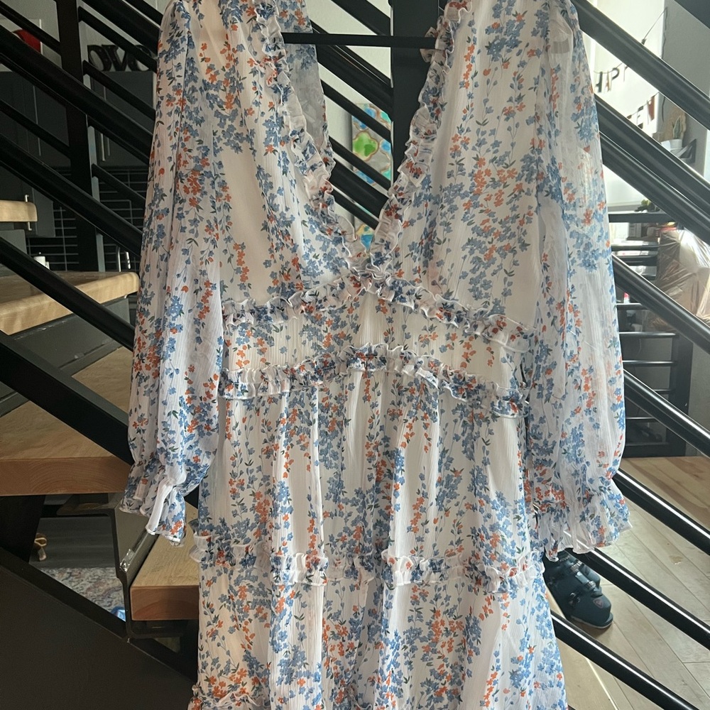 Summer Deep V Neck Ruffle Long Sleeve Floral Print Mini Dress